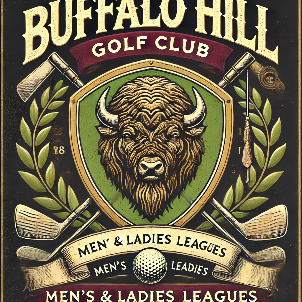 DALL·E 2025 02 15 20.40.02 A vintage style crest for the Buffalo Hill Golf Club Men’s and Ladies’ Leagues, designed in a classic shield shape. The shield has an ornate, aged app